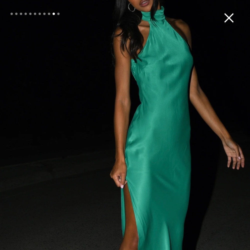 NWT Meshki Claire satin drape back maxi dress with slit - green